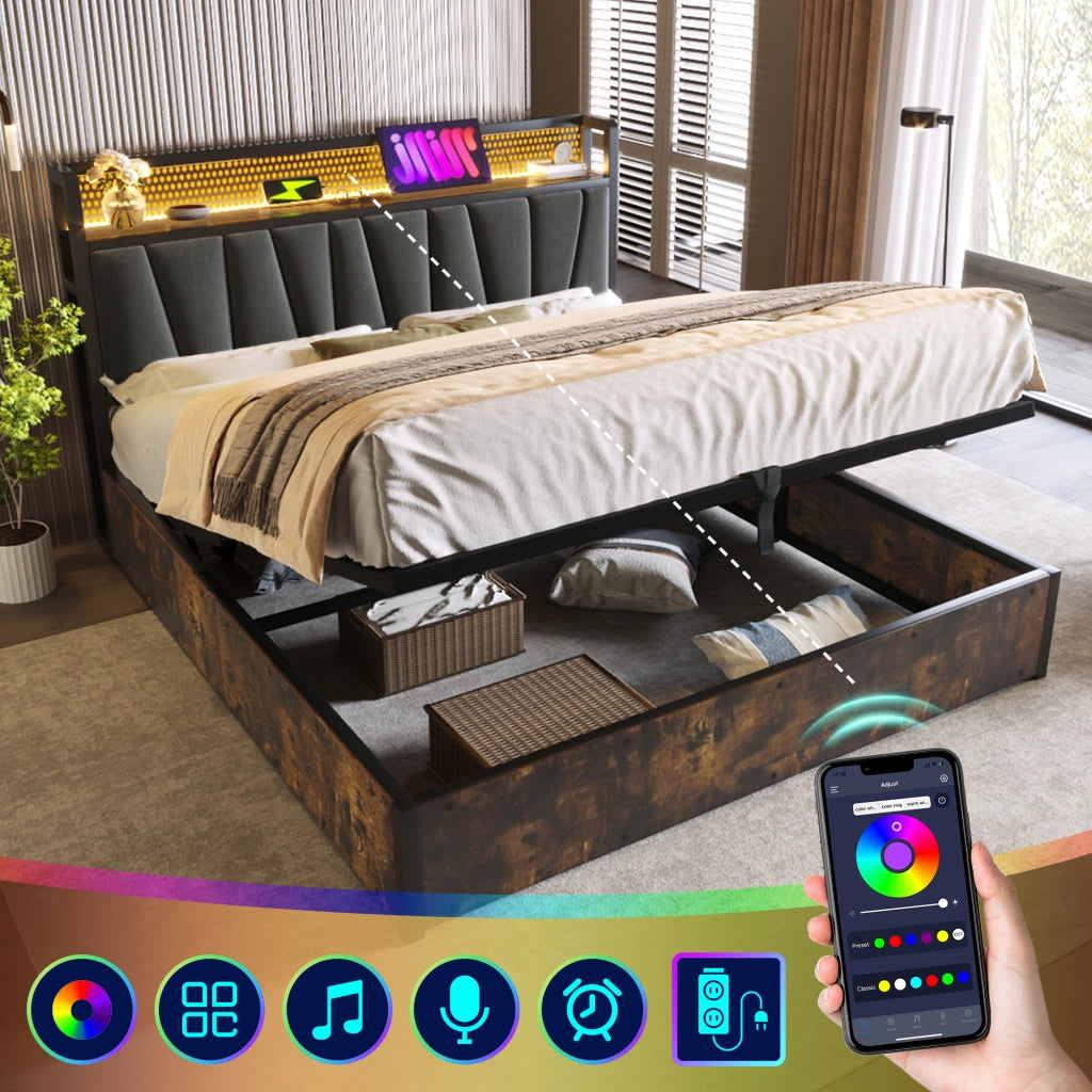 OKWISH Letto Contenitore 160 x 200 cm, Letto Matrimoniale con LED, USB e Prese, Materasso Incluso, Testiera con Mensola, Grigio