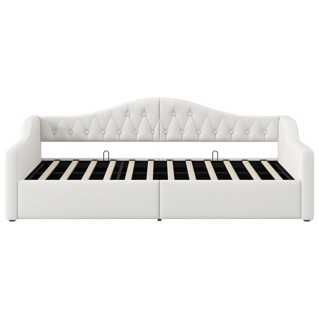 Letto a Divanetto 90x200 cm con Schienale; LED e Contenitore; Imbottito in Lino - Beige