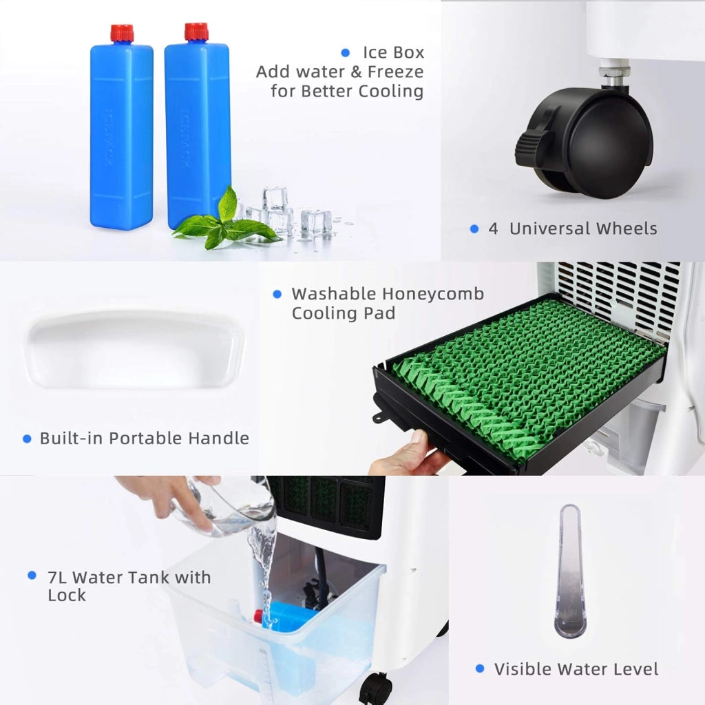 Ventilatore Senza Tubo di Scarico, 3 in 1 Air Cooler, Ventilatore, Umidificatore, con Telecomando, 3 Velocità, Timer 7,5H, Serbatoio dell'Acqua da 7L, per Salone, Camera da Letto, Ufficio
