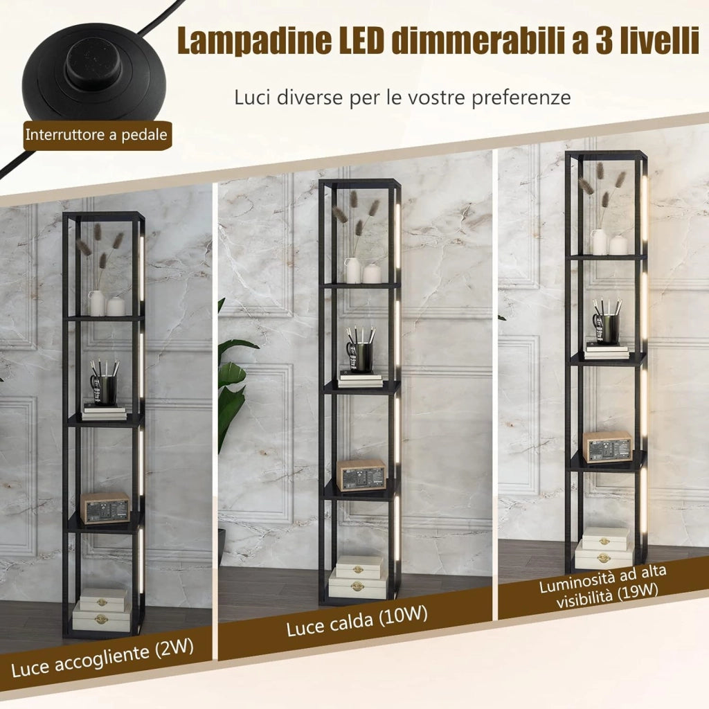 Lampada da Terra con Mensola, Lampadine LED Dimmerabili a 3 Livelli e Poli LED Ruotabili, Piantana Lampada da Terra per Soggiorno, Studio e Camera da Letto (Nero)