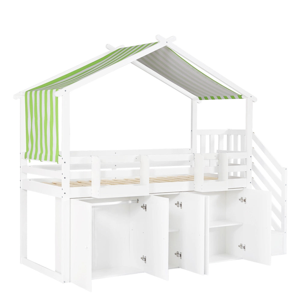 Letto a castello ULEVR 90x200 cm con scala contenitore, armadio e vani, bianco e verde
