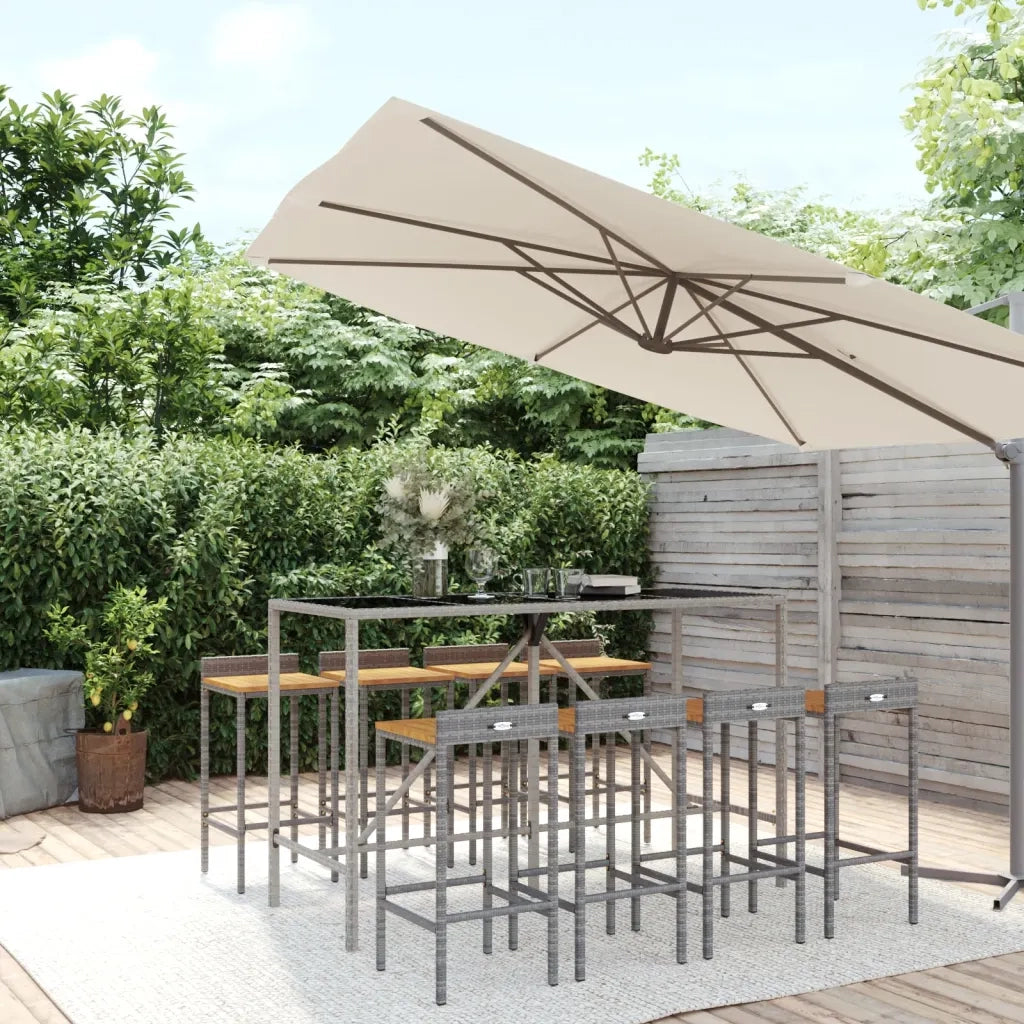 Set Bar Giardino 9pz Grigio Polyrattan e Legno Massello Acacia 3187681