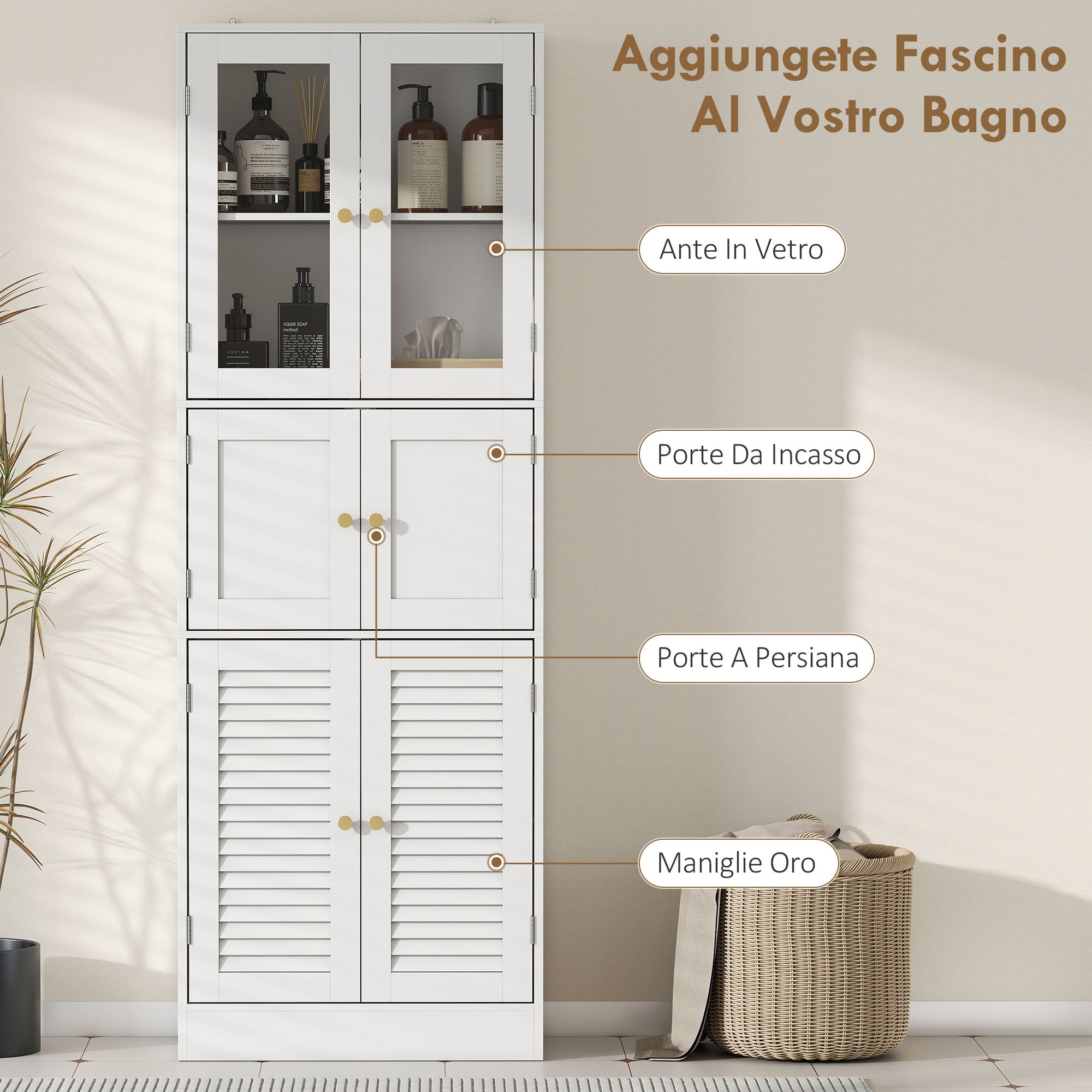 Mobile Bagno 60x30x170 cm con 3 Armadietti a 2 Ante in Vetro e Legno  Bianco