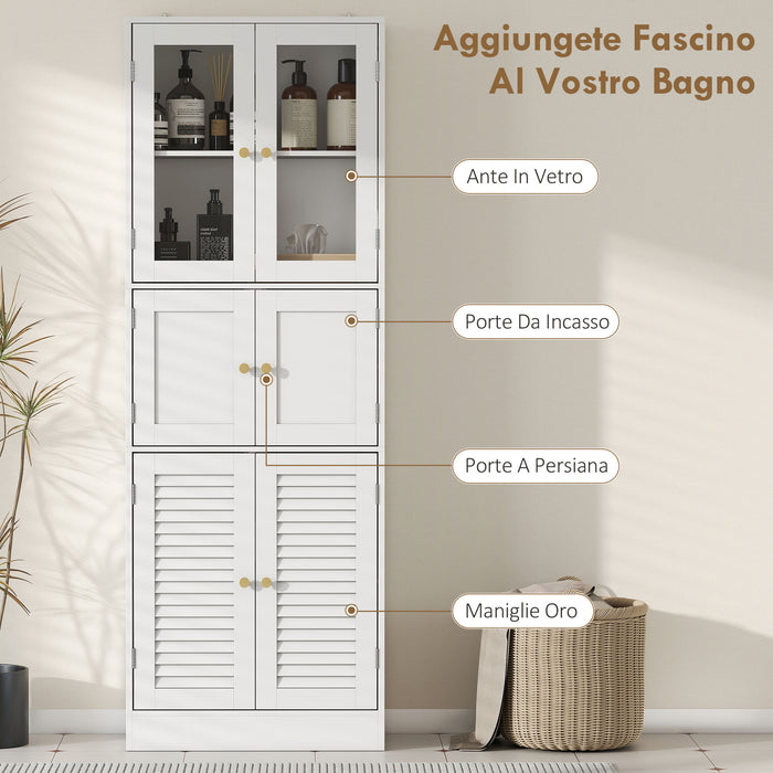 Mobile Bagno 60x30x170 cm con 3 Armadietti a 2 Ante in Vetro e Legno  Bianco