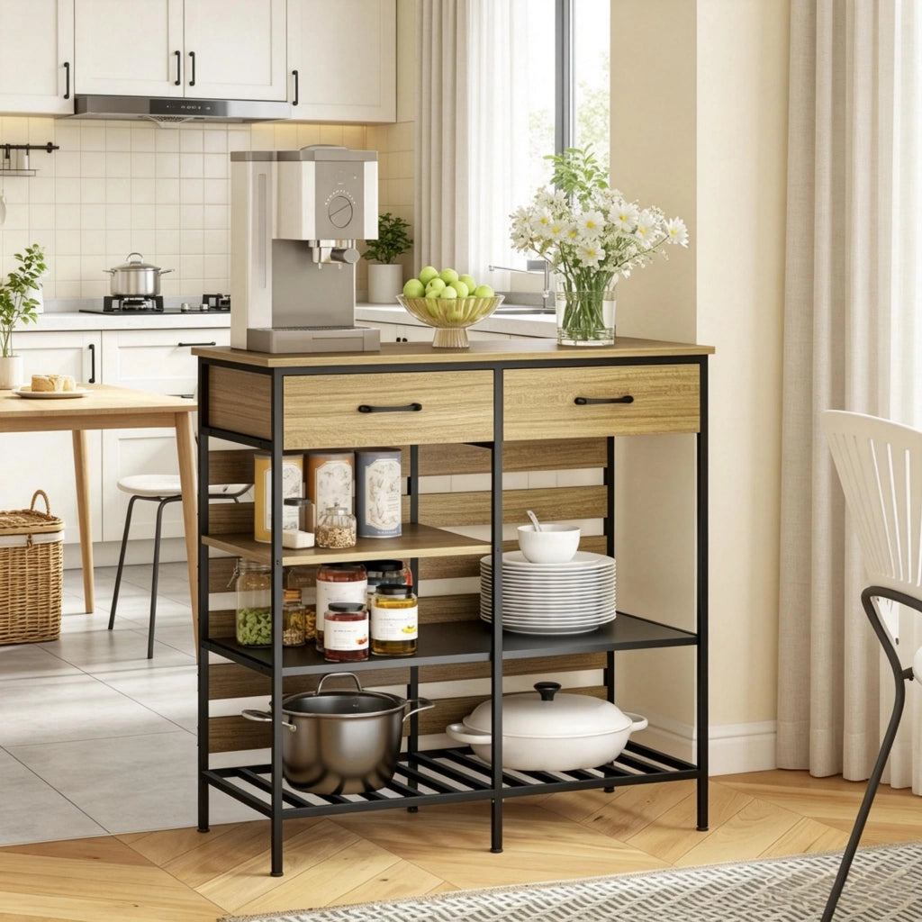 Credenza da cucina, mobile contenitore con 2 cassetti e 3 vani a giorno, mobile da cucina per soggiorno e sala da pranzo