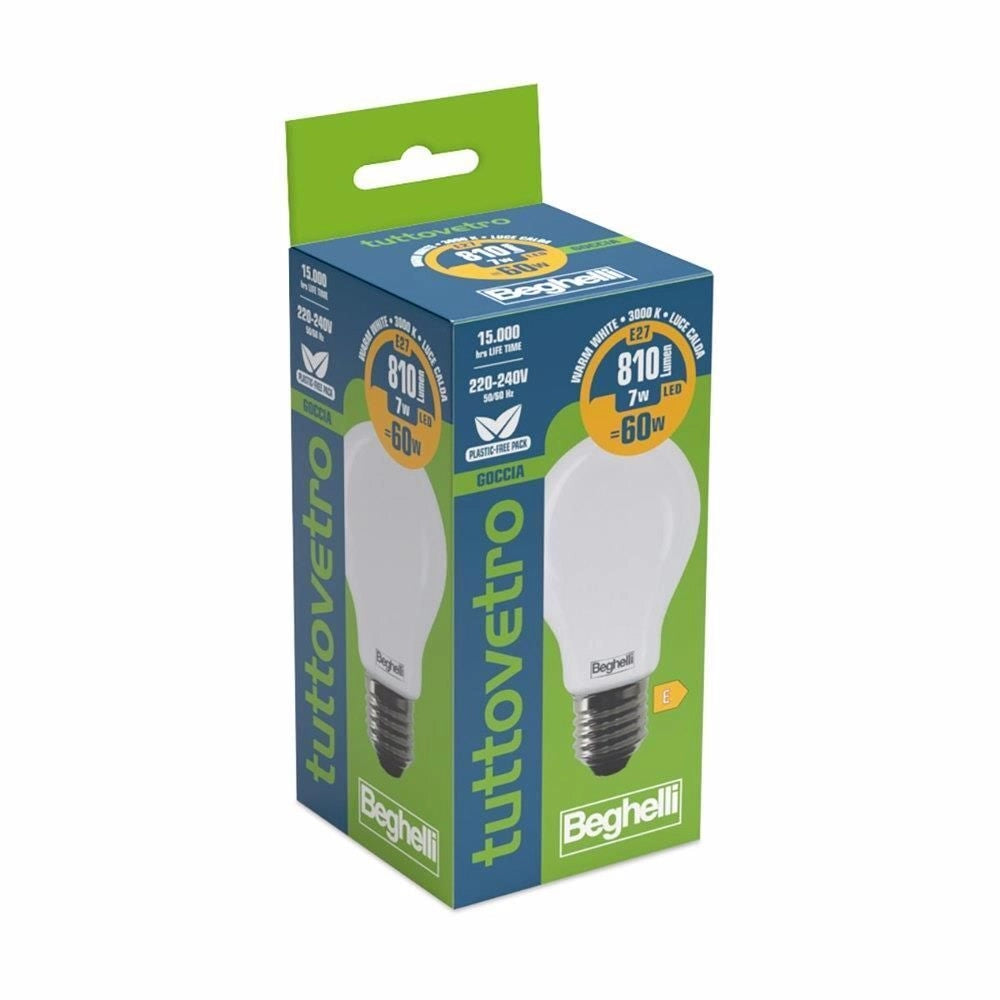 Beghelli 56520 TuttovetroLED Lampadina LED Goccia 7W E27 3000K 810 lm Luce Calda 15000h colore Opale