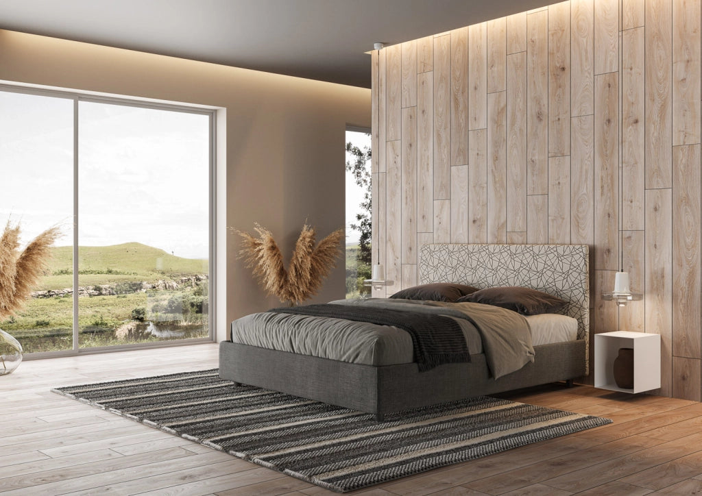 Letto Matrimoniale 160x200 cm con Rete e Contenitore con Testata e Alzata Comoda Imbottito in Tessuto Era Arla Grigio