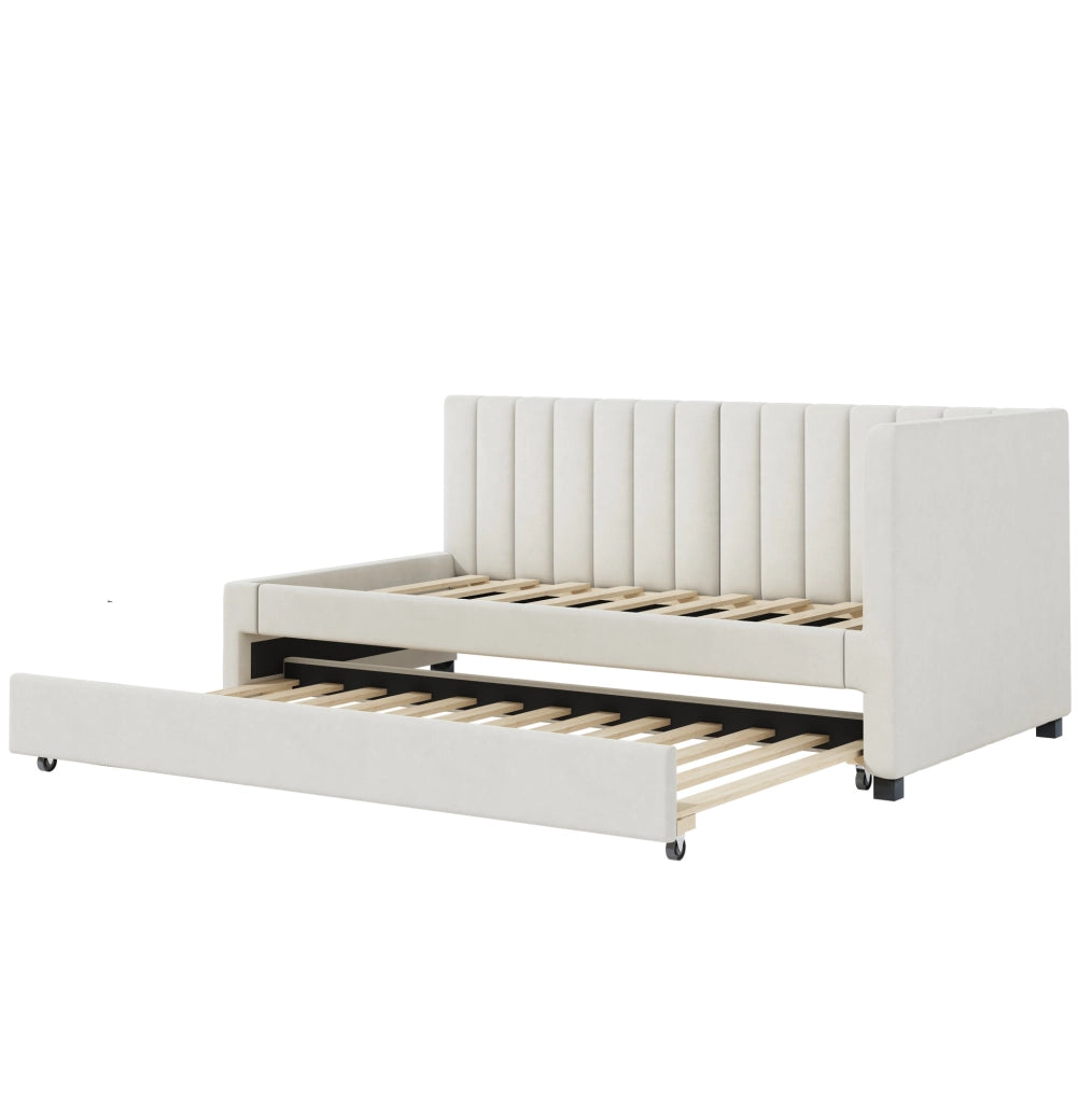 Letto imbottito 90x200 cm; convertibile con letto estraibile; velluto beige (Senza materasso)