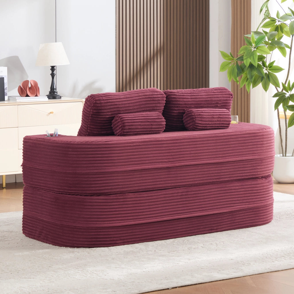 Fauteuil convertible 2 in 1 in cord con doppio portabicchieri, schienale alto e seduta extra profonda vinaccia