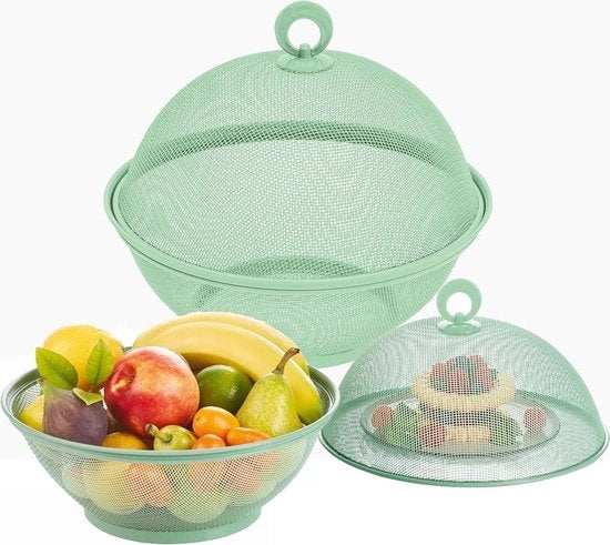 Fruitiera con coperchio per frutta e snack - Cestino metallico a rete - Scatola per frutta coperta - 2 fruitiere e coperchi - verde chiaro