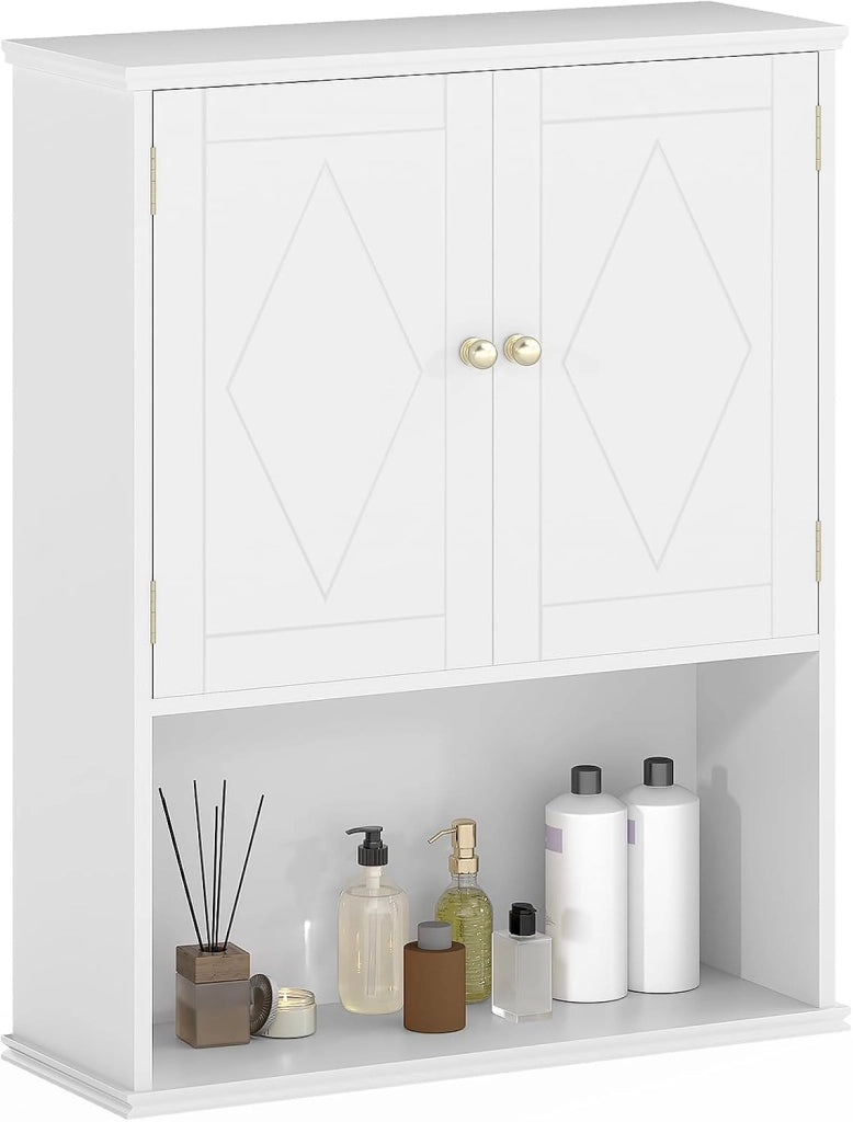 Armadio pensile a 2 ante e ripiano regolabile in altezza, armadietto per medicinali con ripiano aperto per asciugamani, armadietto da bagno per bagno, soggiorno e cucina, 60 x 21 x 75 cm