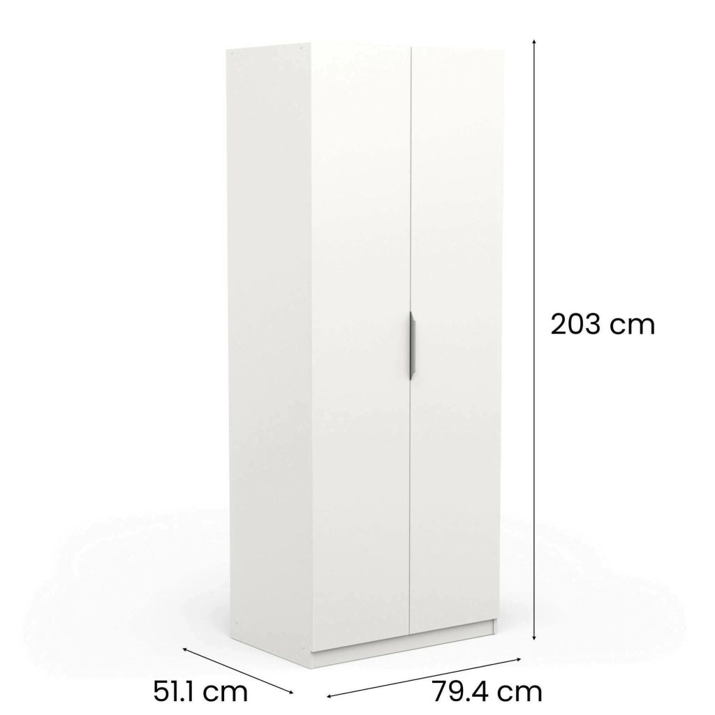 Guardaroba 2 ante Fioretta, Mobile camera da letto, Cabina armadio portabiti, Armadio appendiabiti, 79x51 h203 cm, Bianco opaco