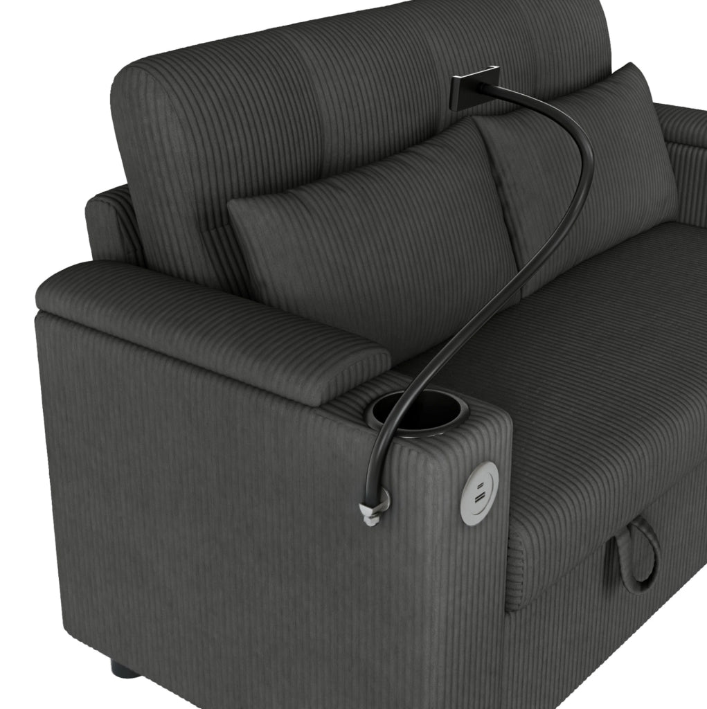 Divano 2 posti moderno in velluto a coste grigio con contenitore e porta USB/Type-C