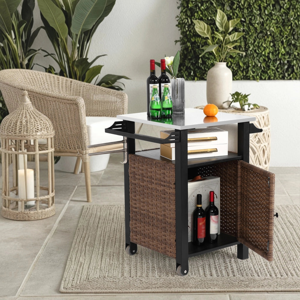 Carrello da cucina con 1 Anta; 1 Cassetto; Ruote e Piano in Acciaio Inox per Giardino 76x57x85 cm