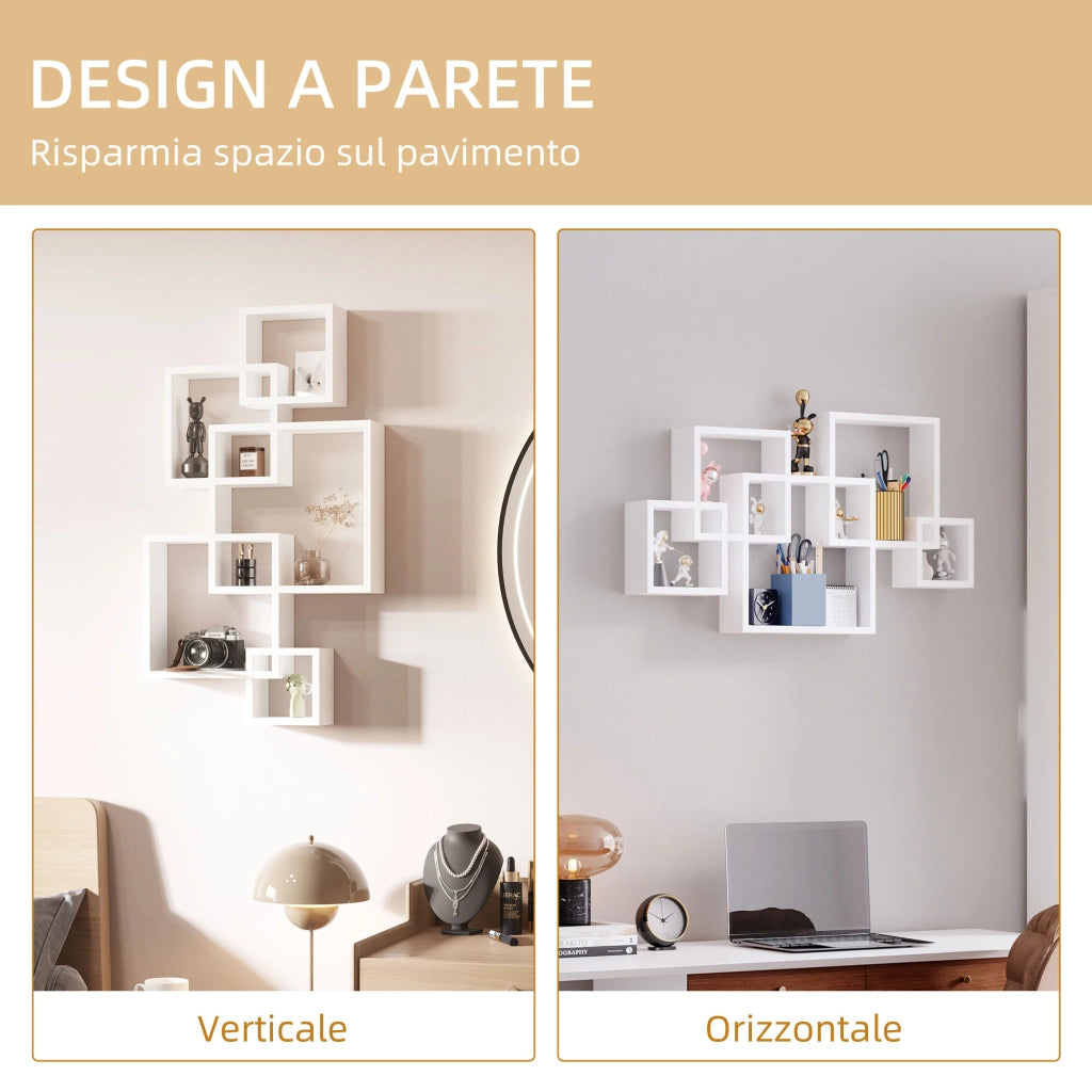 Libreria Moderna Sospesa con 5 Cubi Intrecciati in Legno, 49.5x10.2x86cm, Bianco
