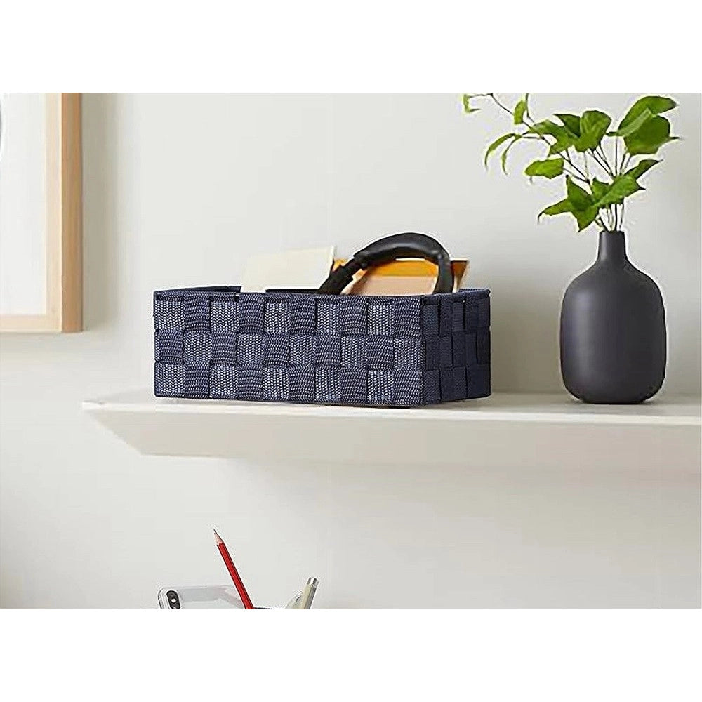 Trade Shop - Set 3 Pezzi Scatola Porta Oggetti In Tessuto Intrecciato Contenitori Blu 79058 -
