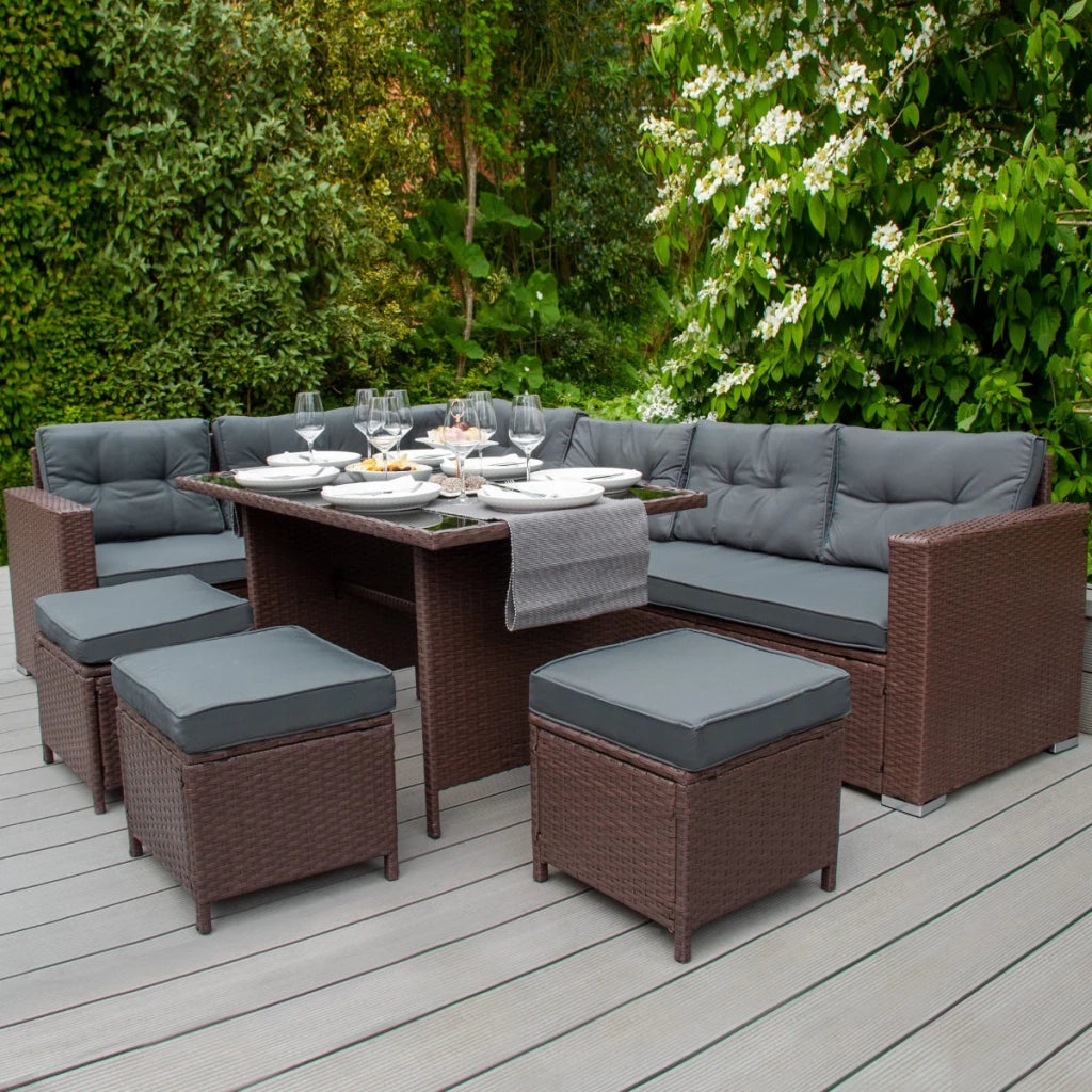 Set d'angolo in rattan Mobili da giardino Marrone Divano Sgabelli Tavolo Cuscini impermeabili 9 Posti
