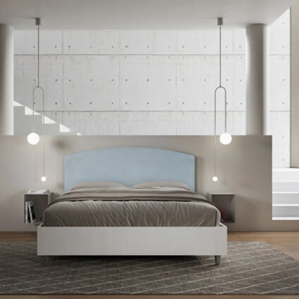 Letto matrimoniale con rete 160x190 bianco frassino testata microfibra azzurro Antilia