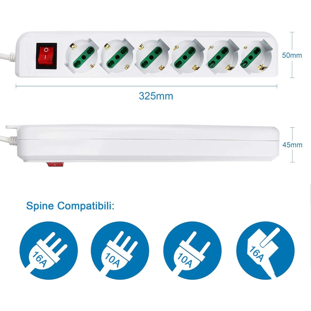 Trade Shop - Multipresa Ciabatta Elettrica A 6 Posti Con Protezione Sovraccarico 250v 2500w -