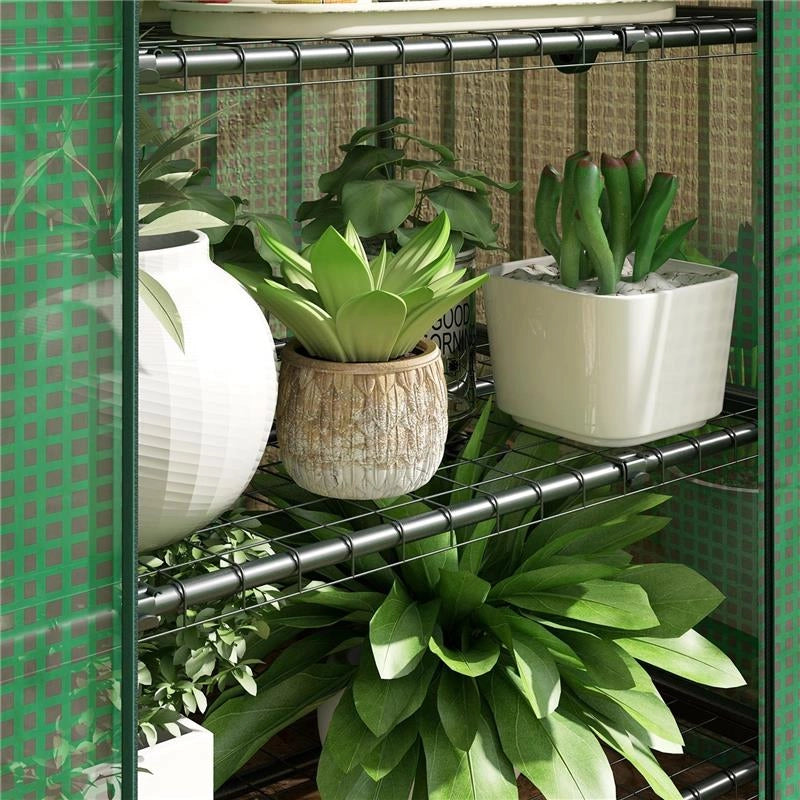 SERRA PER PIANTE A 4 RIPIANI CON PORTA AVVOLGIBILE, IN METALLO E PE, 69X49X158 CM, VERDE SCURO