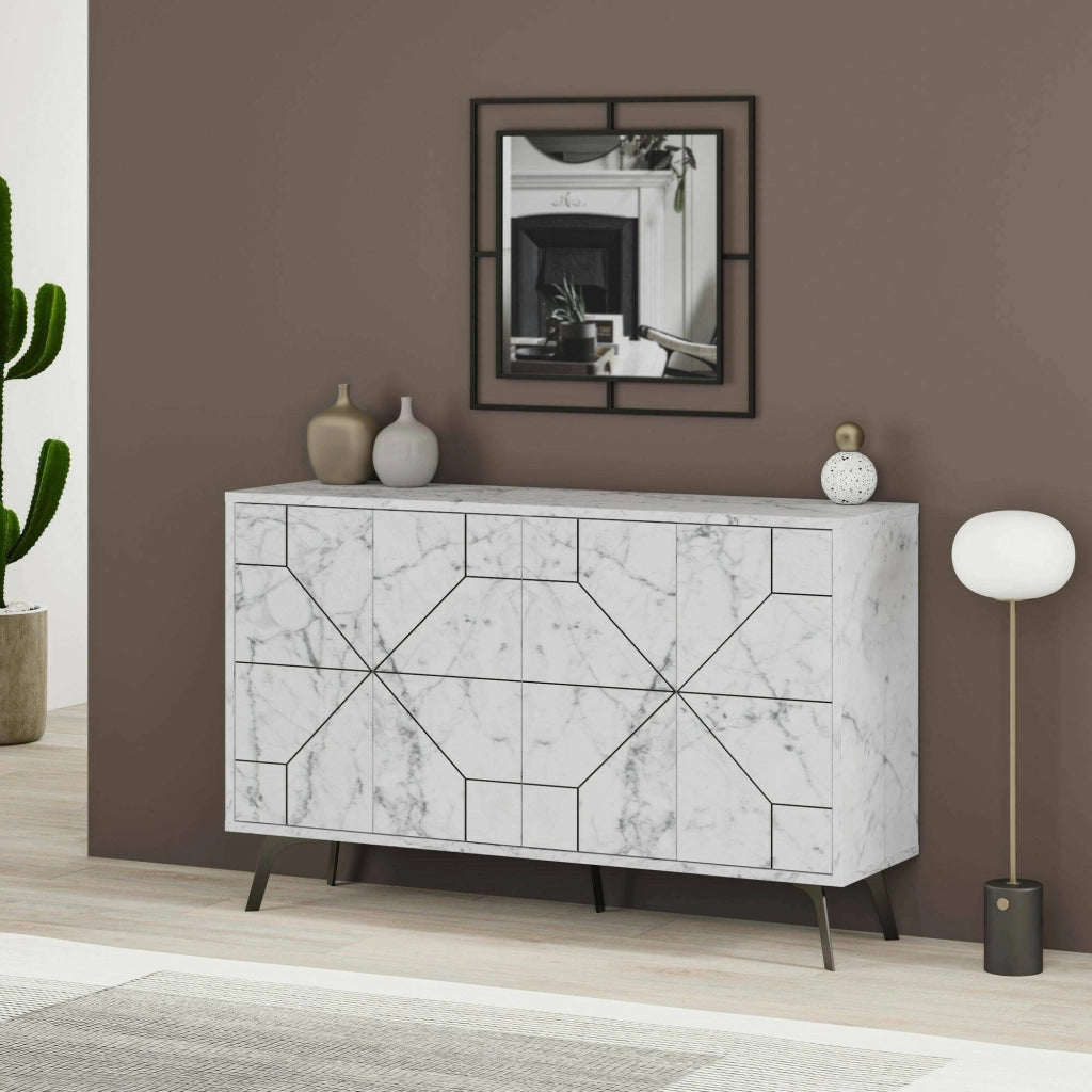 Credenza Brunale, Buffet da soggiorno, Madia da salotto, Dispensa da cucina, 123x35h62 cm, Bianco Marmo