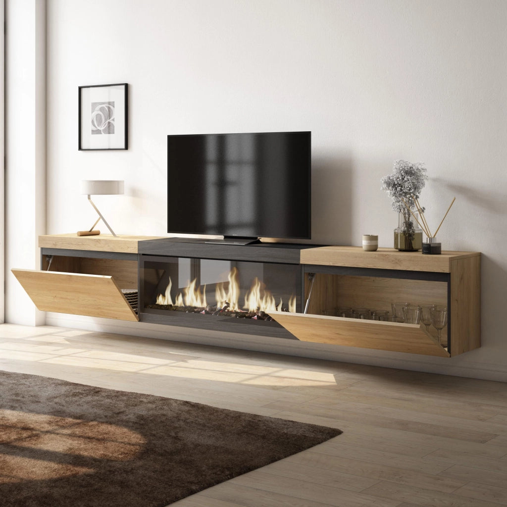 Mobile TV Soggiorno, 267x35x45cm, TV di grande formato, Camino elettrico XXL, da appendere, colore Rovere e nero RF3604
