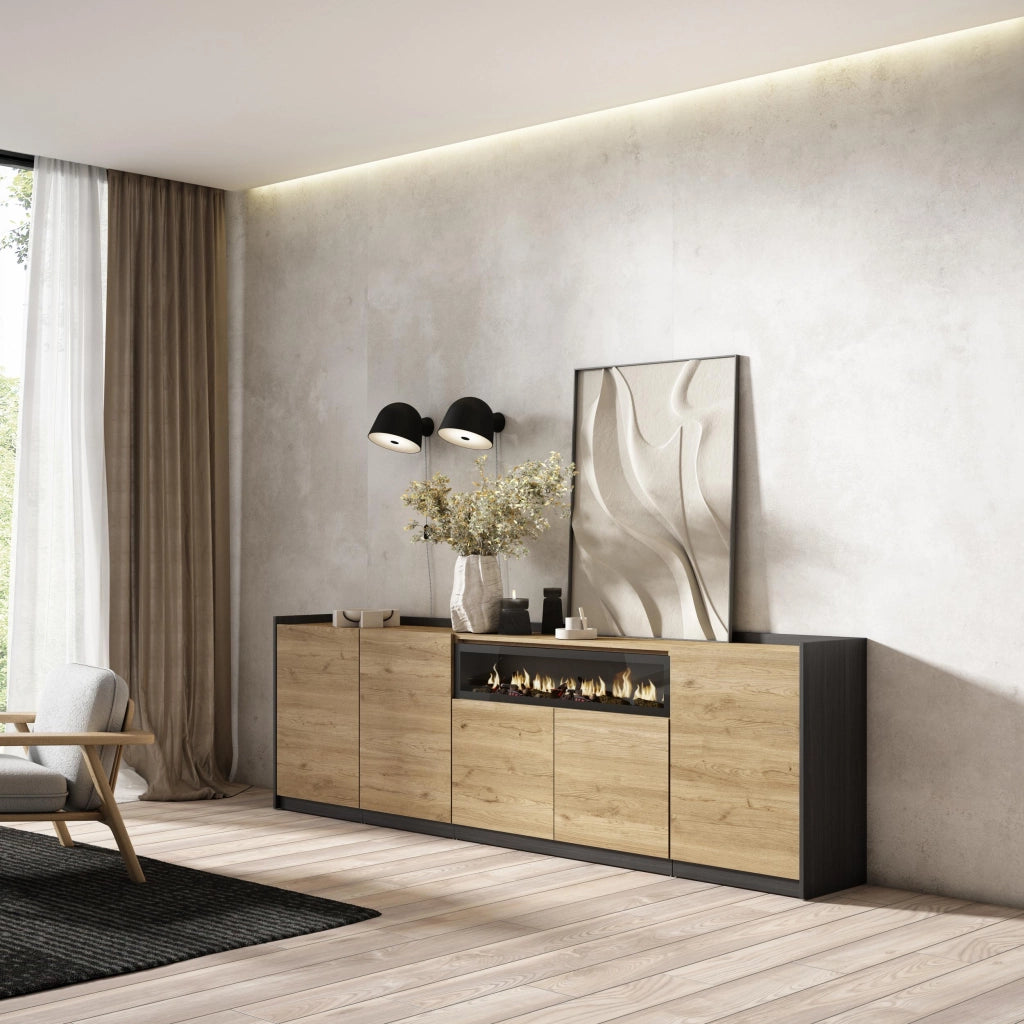 Credenza, Mobile, Cucina, 260x80x37 cm, 5 Porte, Camino elettrico, Rovere e nero