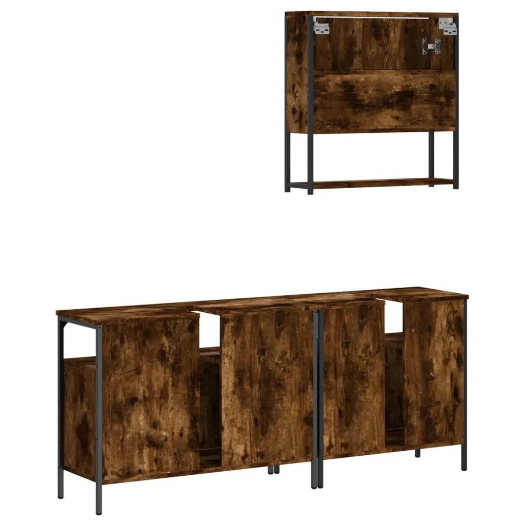 Set Mobili da Bagno | Armadio da bagno 3 pz Rovere Fumo in Legno Multistrato