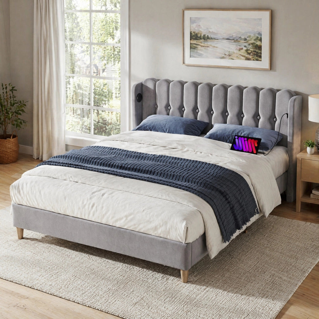 LETTO imbottito 140x200 cm in lino grigio con ricarica USB e Type-C