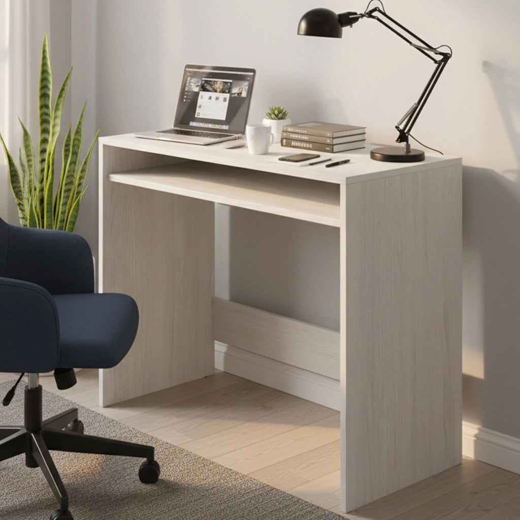 Scrivania Acu, Scrittoio lineare con ripiano fisso, Tavolo da studio o ufficio porta PC, cm 79x43h87, Bianco effetto legno