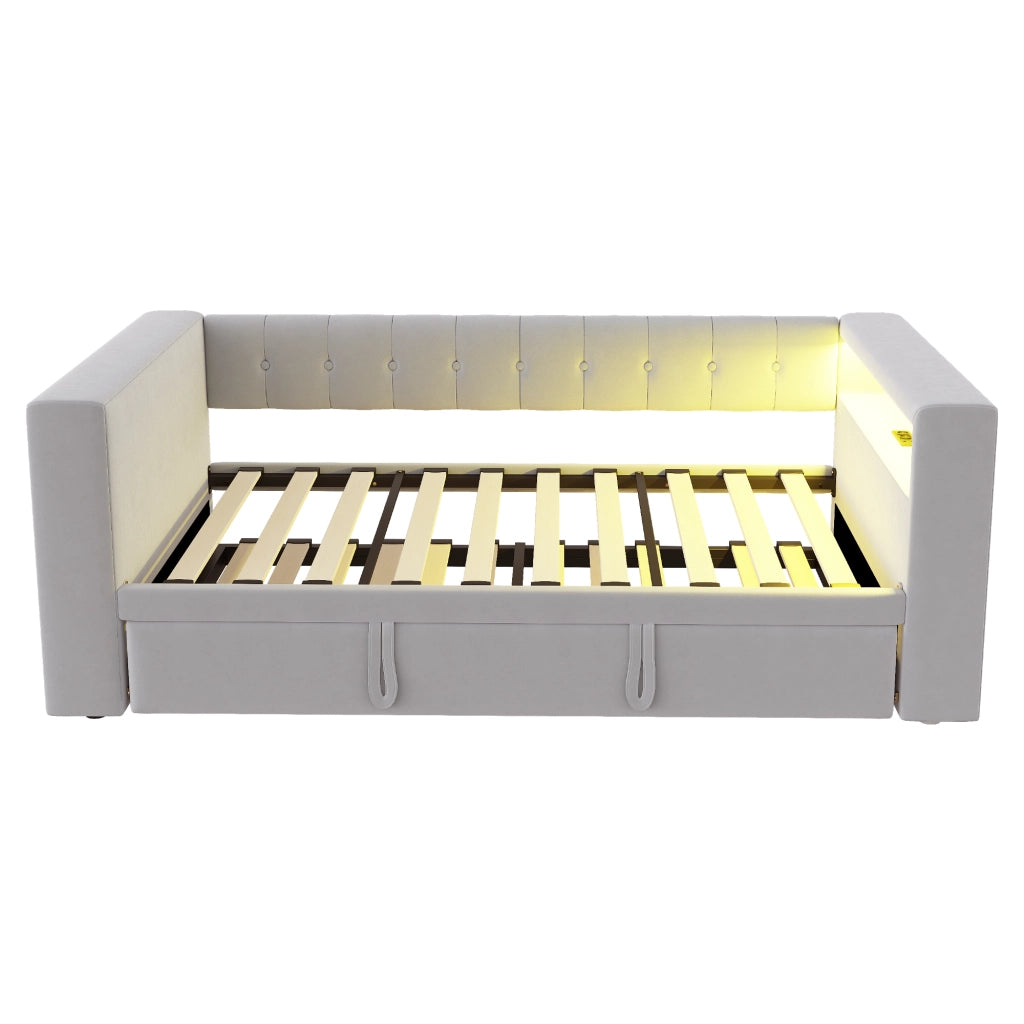 Letto multifunzionale con contenitore, illuminazione LED e prese integrate, 180 x 190 cm, grigio chiaro
