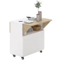 Mobile Tavolo Pieghevole con Ruote, due piani pieghevoli, Vano portaoggetti, 4 Ruote, Bianco+Naturale, 70 x 83 x 75cm