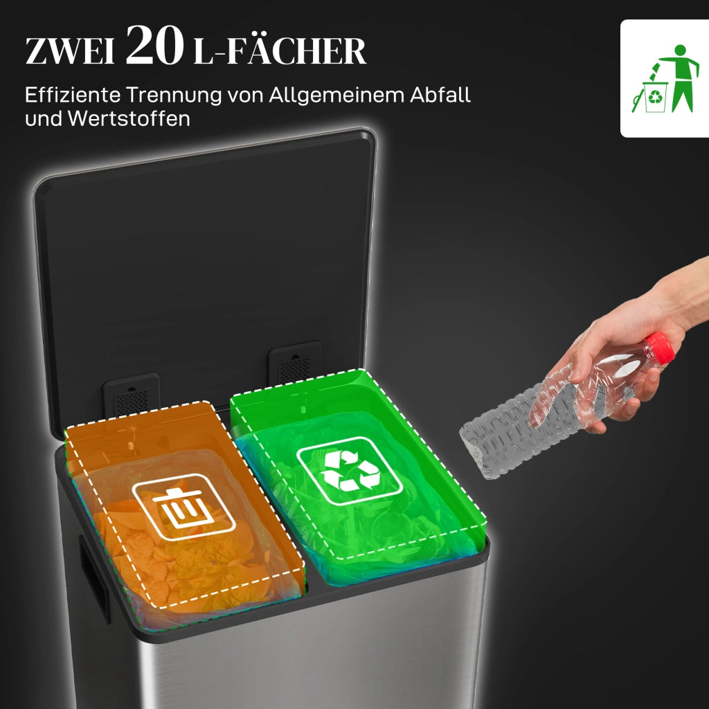 Bidone per Rifiuti 2x20L ¨C zephmum ¨C Coperchio Soft-Close, Antimpronte, Acciaio Inox, Argento