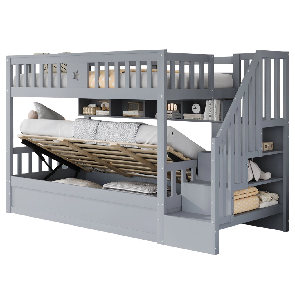 Letto a soppalco 90x200 cm con vano contenitore idraulico, scala contenitore e ripiani
