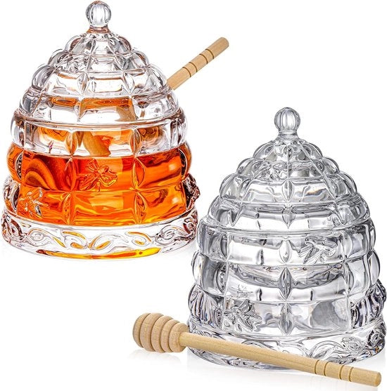Due vasetti di miele in vetro da 300 ml con coperchio e cucchiaio di legno, vasetto di miele trasparente, contenitore per dispensatore di miele a forma conica, contenitore per gelatina di miele, accessori per la cucina, regali di nozze