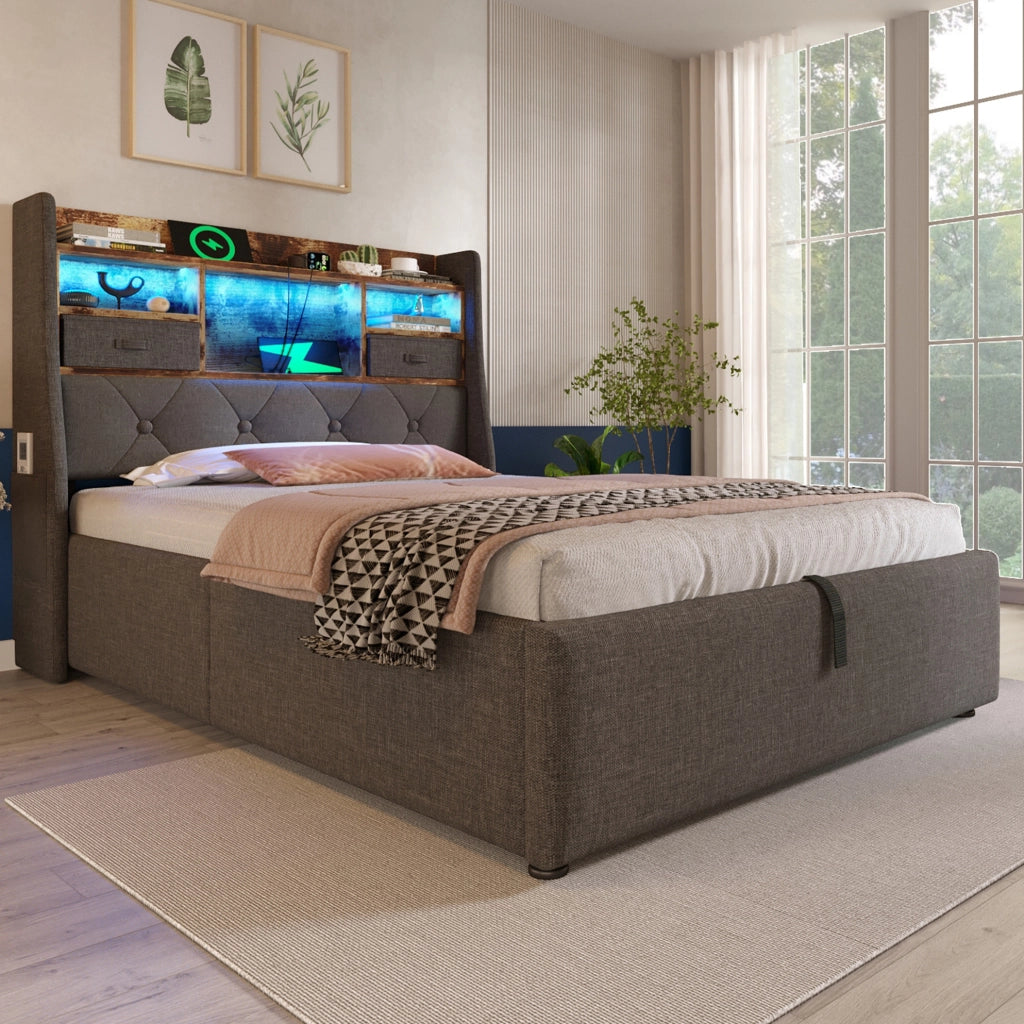 Letto imbottito grigio con contenitore, LED e ricarica integrata