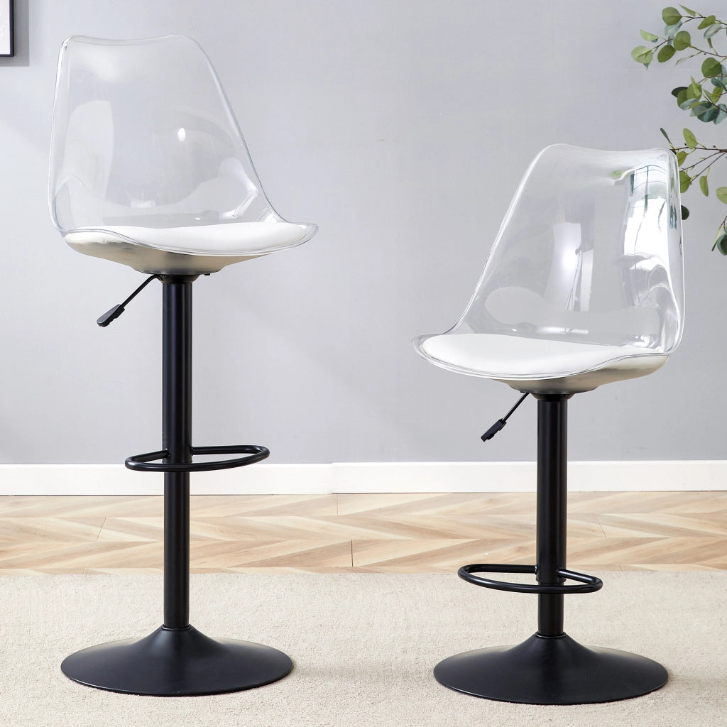 Sgabello da bar girevole con altezza regolabile e schienale trasparente in plastica e metallo nero bianco