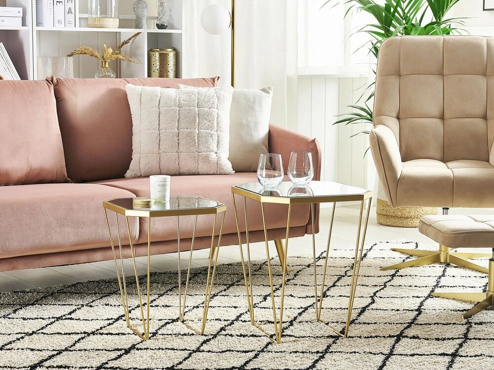 Set di 2 Tavolini in Metallo Base dorato Vetro Specchio Round Top Decorativo Glam