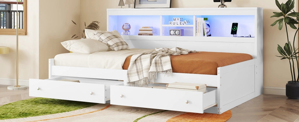 DESMIU Divano letto 90 × 200 cm 1 posto con 2 cassetti, USB, presa di ricarica e LED, senza materasso, bianco