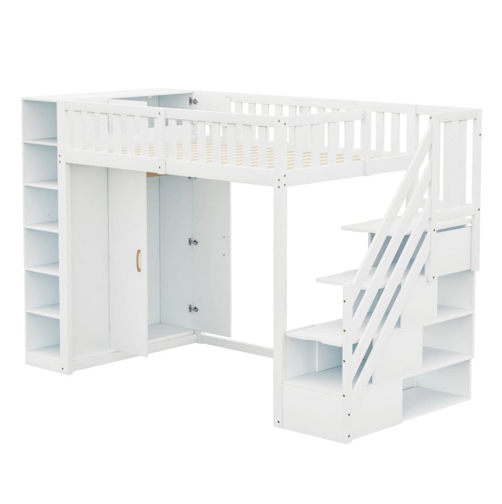 Letto a soppalco multifunzione 90x200 cm con armadio ampio, mensole e scaletta di sicurezza bianco