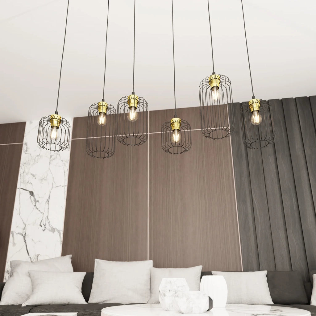Sospensione Minimal Industrial Minerva 6 Luci Lineari Nera E Oro