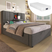 Letto imbottito 90x200 cm con contenitore; portabicchiere e stazione di ricarica; grigio