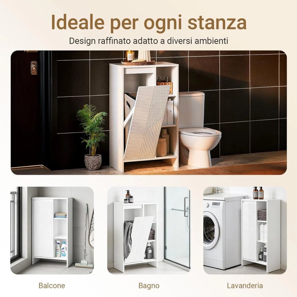 Mobiletto Bagno Salvaspazio con Cesto Portabiancheria – Mobile Bagno Salvaspazio Armadietto Alto e Stretto con Anta a Ribalta e Ripiani Aperti, 86x50x30cm, Bianco BZR156-W
