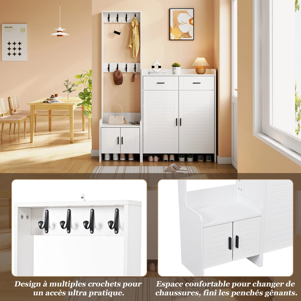 Mobile ingresso con 2 cassetti; 2 ante; 6 ripiani e 8 ganci; con vano aperto; per ingresso e corridoio; bianco; 125 Ã— 36 Ã— 165 cm