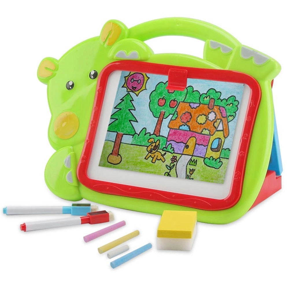 Trade Shop - Lavagna Lavagnetta Per Bambini Hippo 2in1 Con Gessetti Cassino Pennarelli Verde -