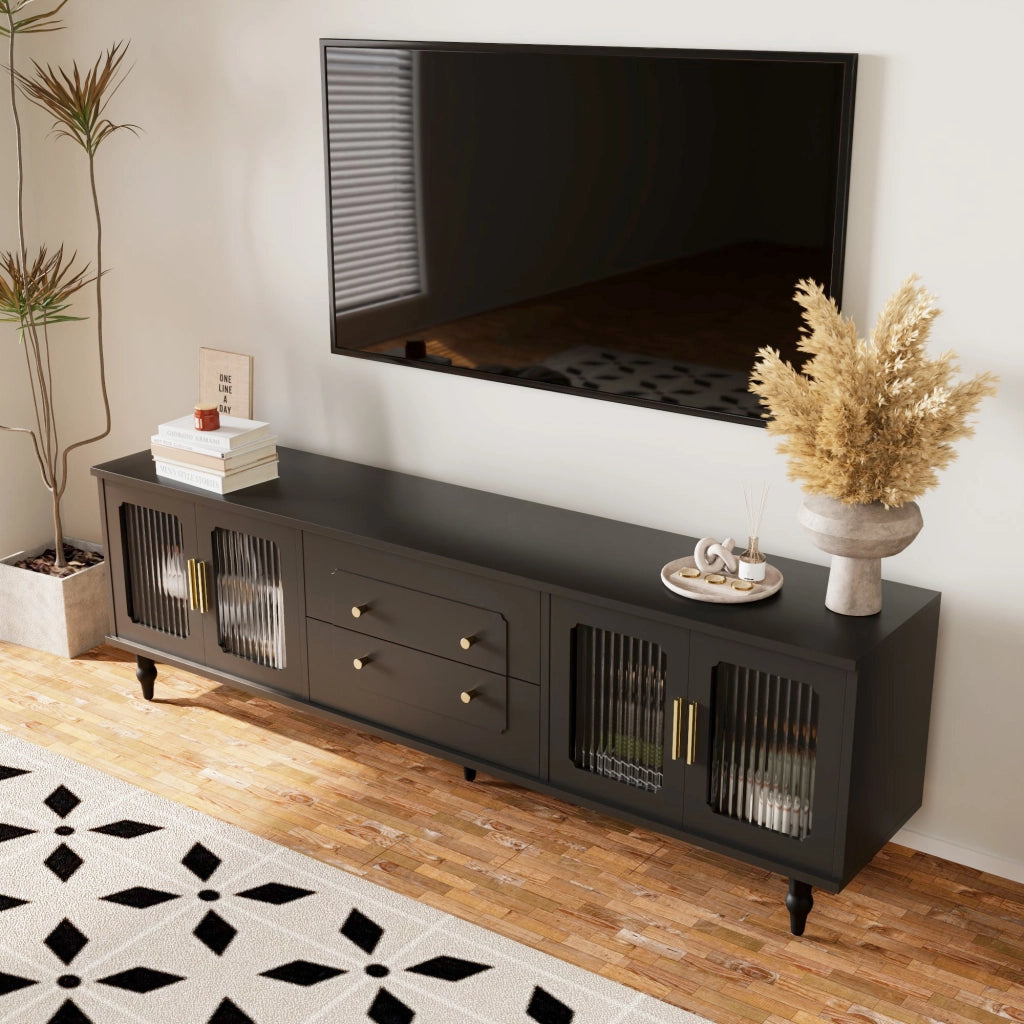 Mobile TV con 4 Ante in Vetro Rigato e Cassetti Push to Open; in Truciolato; 177 × 38 × 55.5 cm; Nero