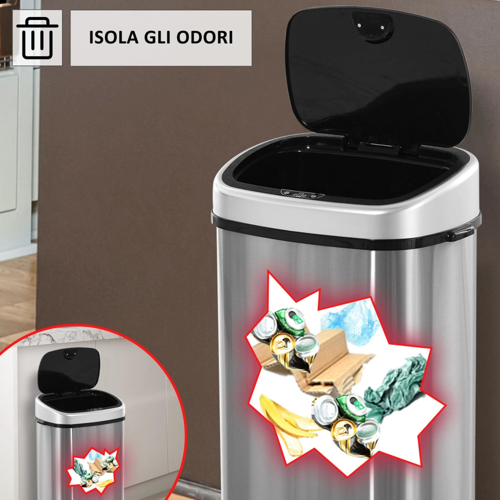 Pattumiera ad Apertura Automatica in Acciaio Inox con Sensore 58 Litri