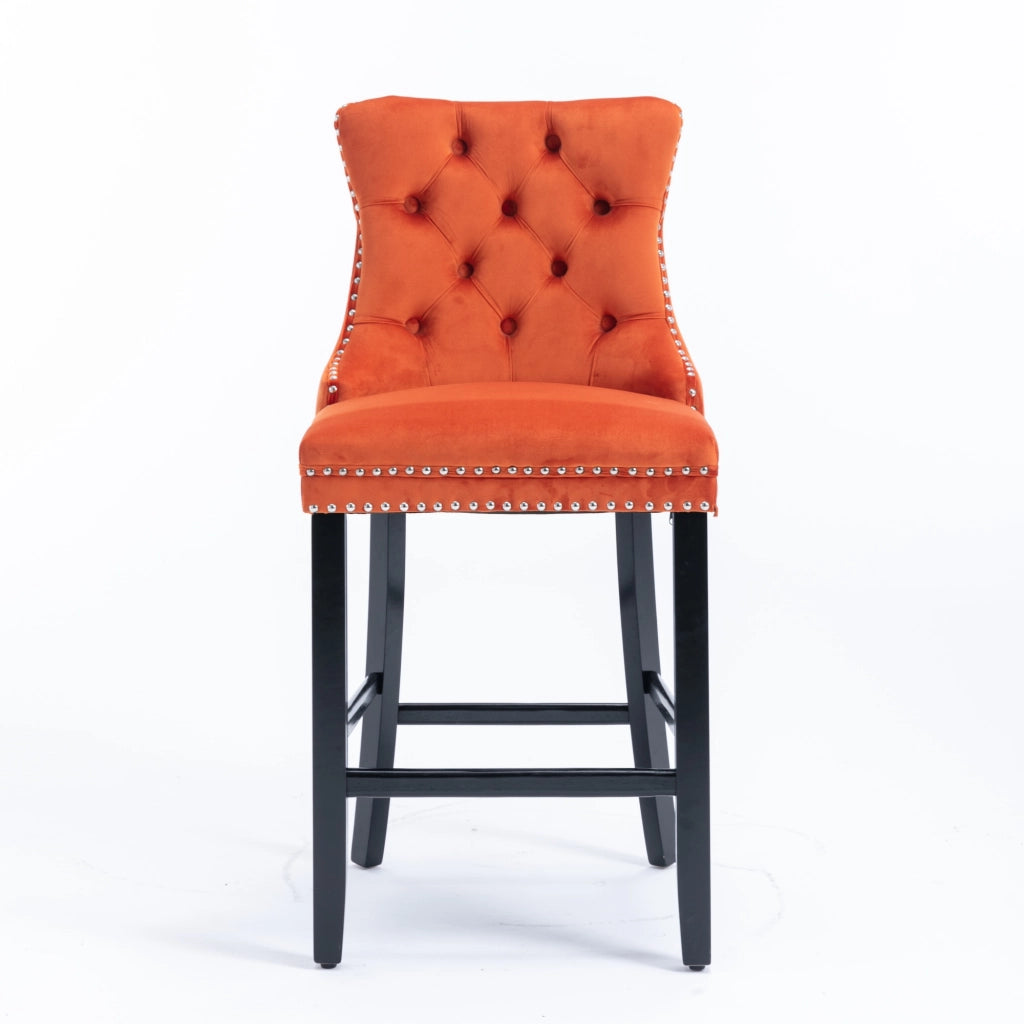 Set di 2 Sgabelli da Bar con Schienale Alto e Borchie Decorative; Gambe Regolabili; Velluto Arancione