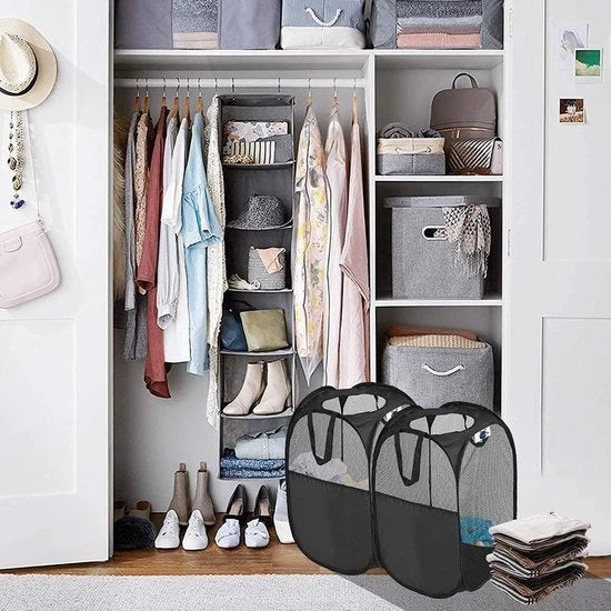 Due asciugamani pieghevoli 36 x 36 x 56 cm, asciugamani pieghevoli con maniglia, box per asciugamani a rete, contenitore per conservare asciugamani per camera da letto dei bambini, stanza degli studenti, campeggio e viaggi (nero)