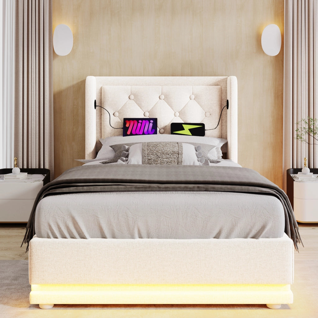 Letto singolo imbottito 90x200 cm beige con contenitore idraulico, testiera con USB Type-C e LED a 3 lati, con materasso